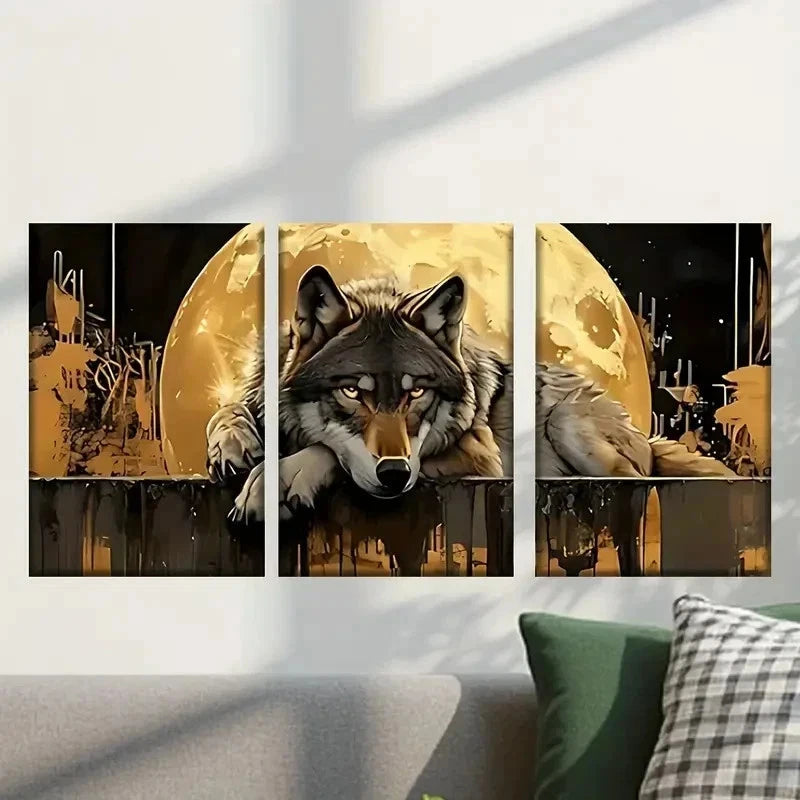 3pcs Wolf Is Sitting on a Fence with The Moon Wall Art Set Canvas Framed 40x60cm - High Quality Print 100% Australian Made Wall Canvas Ready to Hang