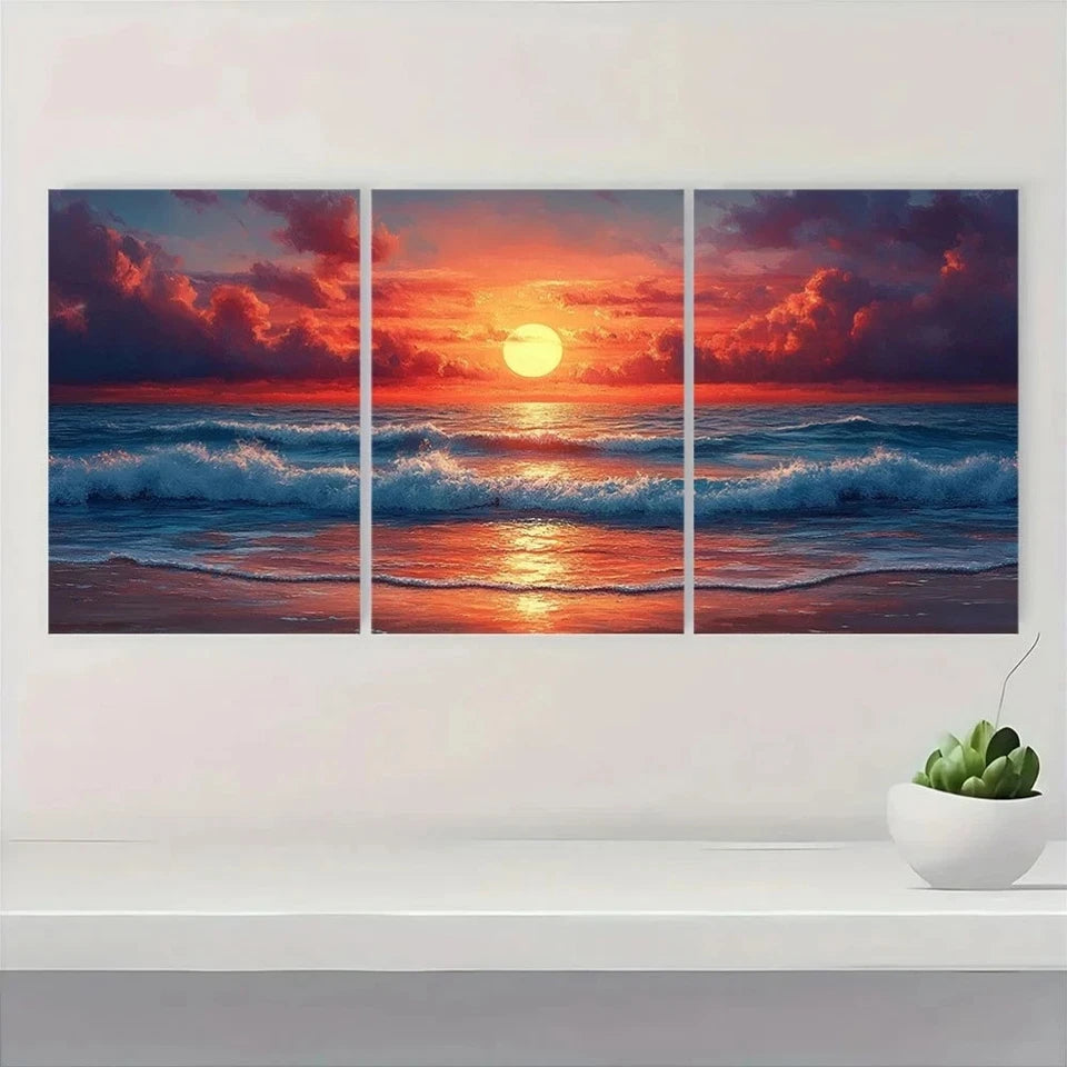 3pcs Beach Sunset Vibrant Abstract Ocean Waves Wall Art Set Canvas Framed 60x90cm - High Quality Print 100% Australian Made Wall Canvas Ready to Hang