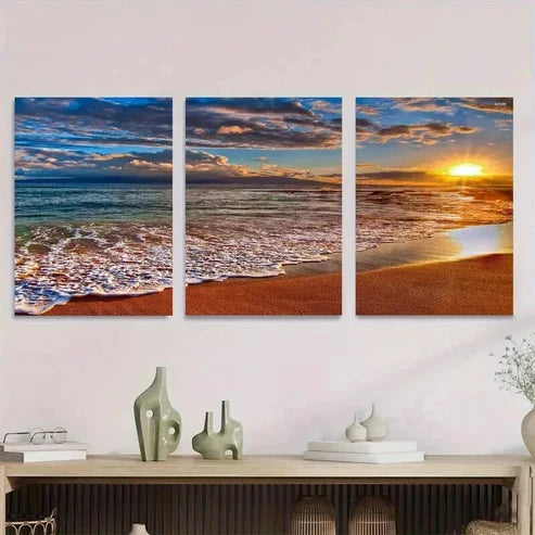 3pcs Beach Sunset Ocean with Sandy Shore Wall Art Set Canvas Unframed - High Quality Print 100% Australian Made Wall Canvas