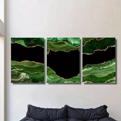 3pcs Dark Green Stone Texture with Golden Accent Wall Art Canvas Unframed - High Quality Print 100% Australian Made Wall Canvas