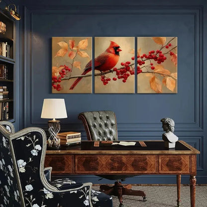 3pcs Cardinal Bird Red Berries Autumn Leaves Metal Print Ready to Hang Art