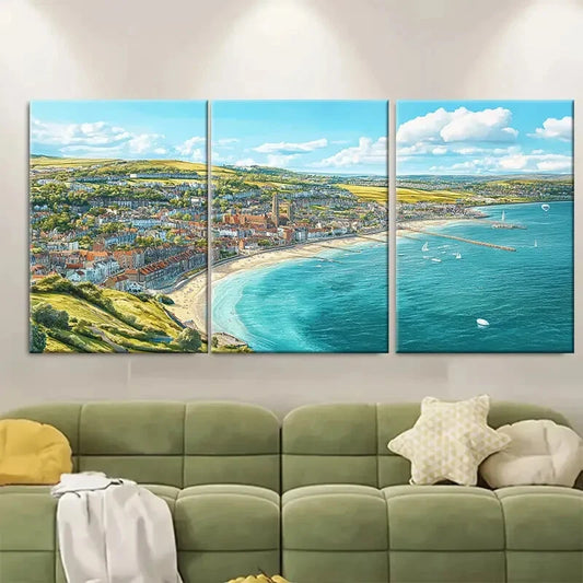 3pcs Vibrant Dorset Coast Scene with Beach Metal Print Ready to Hang Art