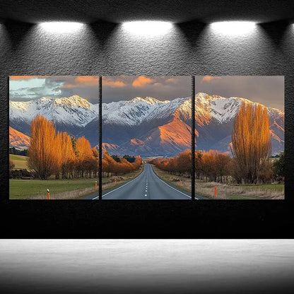 3pcs Sunset Glow Road Trio Mountains Metal Print Ready to Hang Art