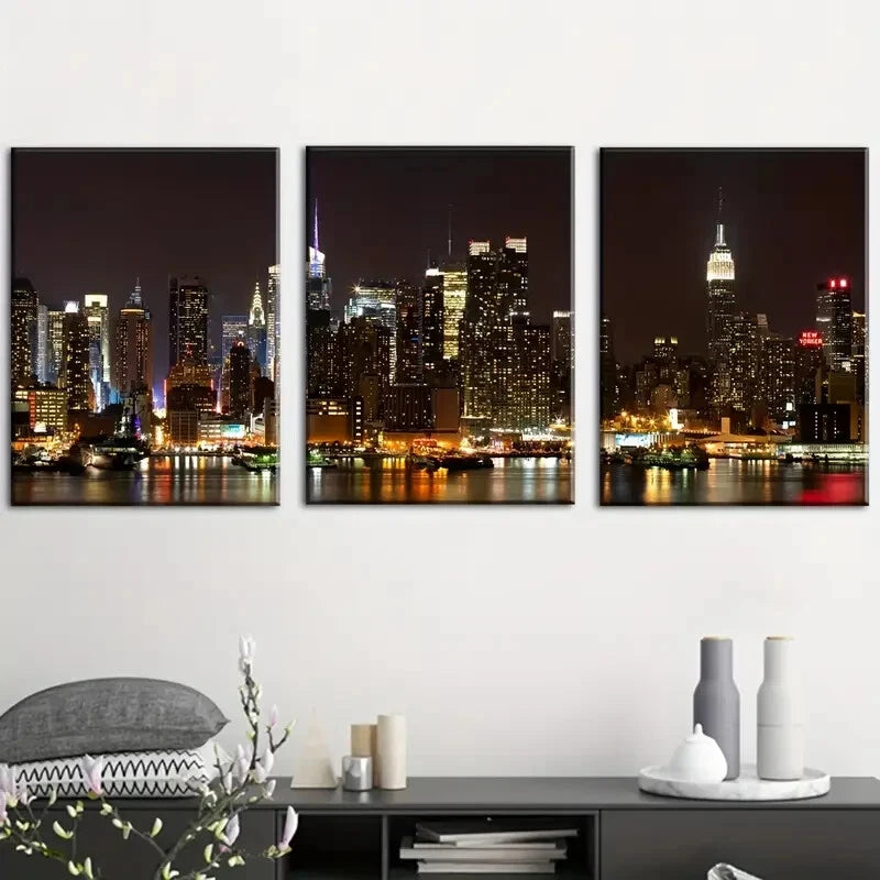 3pcs New York City Night View Skyline Perfect Wall Art Set Canvas Framed 40x60cm - High Quality Print 100% Australian Made Wall Canvas Ready to Hang