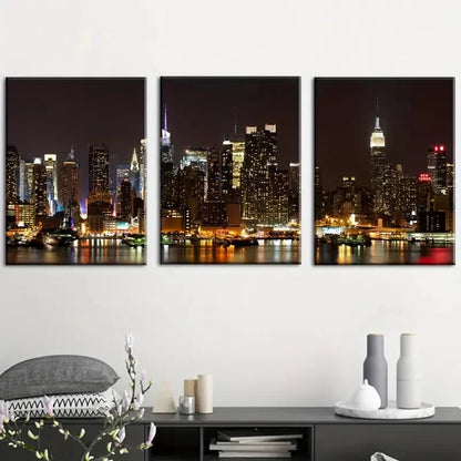 3pcs New York City Night View Skyline Perfect Wall Art Set Canvas Framed 40x60cm - High Quality Print 100% Australian Made Wall Canvas Ready to Hang