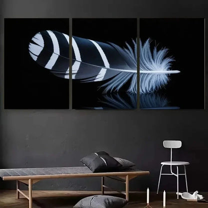 3pcs Minimalist Black & White Feather Design Metal Print Ready to Hang Art