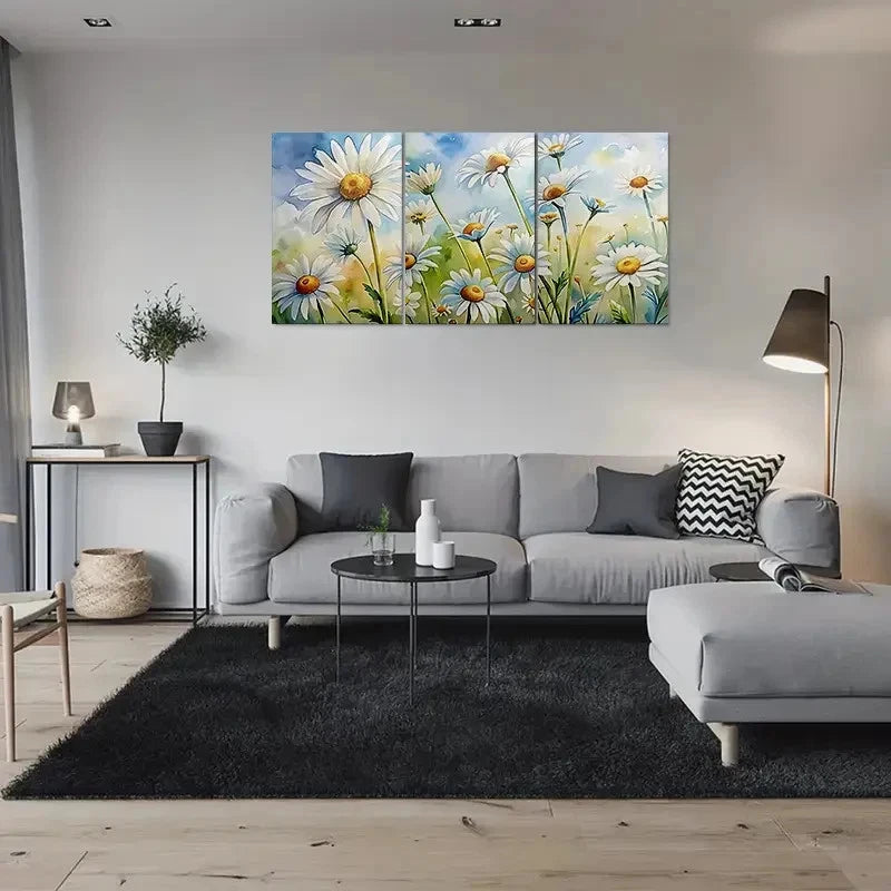 3pcs Daisy White Flower and Green Leaves Metal Print Ready to Hang Art