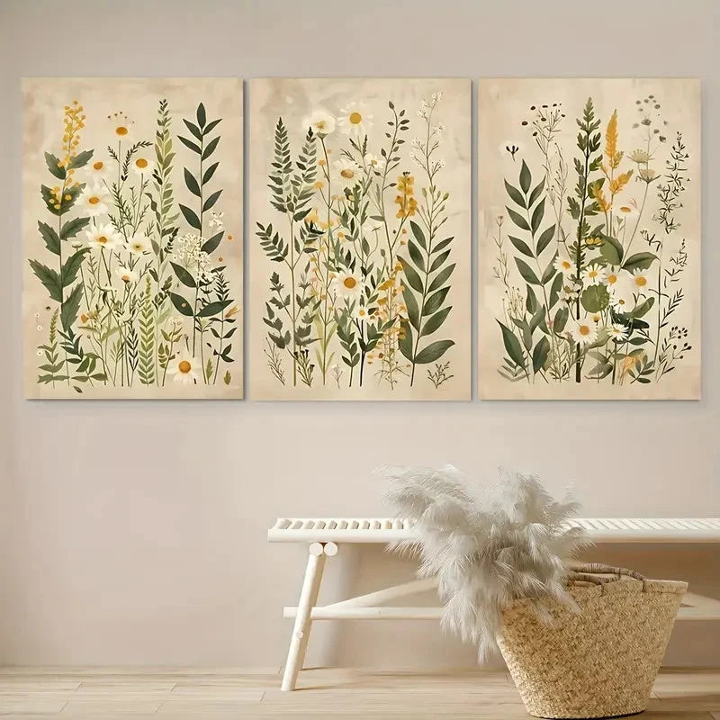 3pcs Vintage Wildflower Daisy Oil Paintings Metal Print Ready to Hang Art
