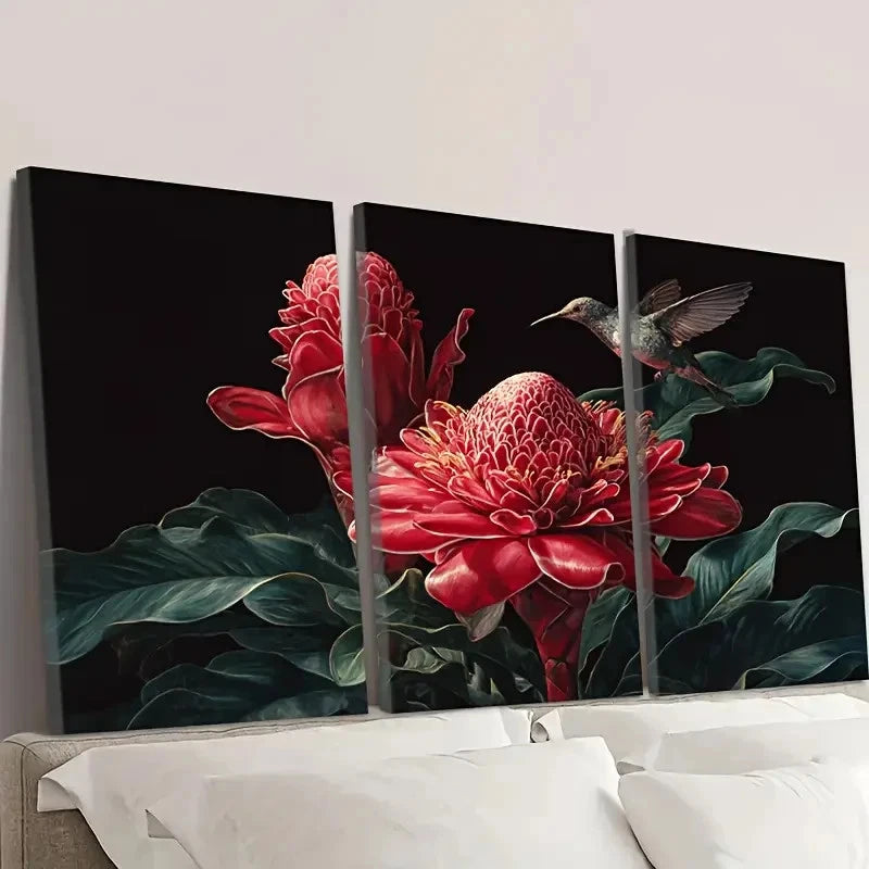 3pcs tropical torch ginger & bird Wall Art Set Canvas Framed 60x90cm - High Quality Print 100% Australian Made Wall Canvas Ready to Hang
