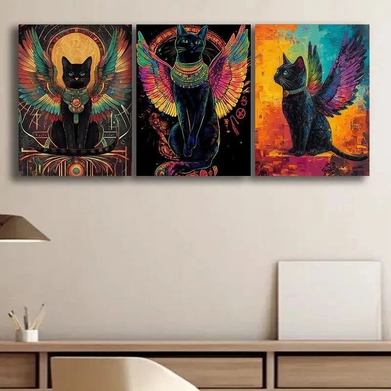3pcs A Black Cat with Wings Painting Metal Print Ready to Hang Art
