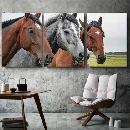 3pcs Close Up of Brown and Grey Horses Beautiful Metal Print Ready to Hang Art