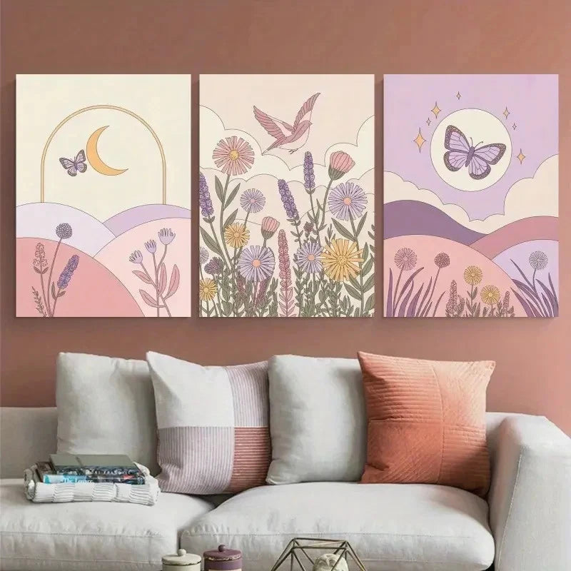 3pcs Moon Sun Mountains Flowers Bird Pastel Colors Metal Print Ready to Hang Art
