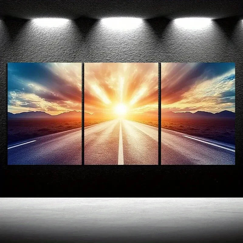 3pcs The Road Under Sunset Glow Metal Print Ready to Hang Art