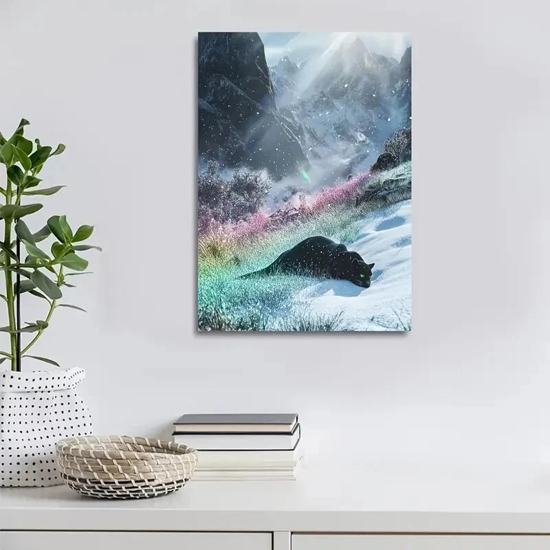 Dreamlike Panther on Snowy Mountain Scene Painting 40x60cm Metal Print Ready to Hang
