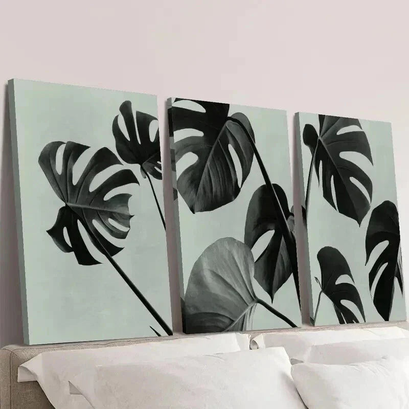 3pcs Black & White Botanical Monstera Leaf Wall Art Canvas Unframed – High Quality Print 100% Australian Made Wall Canvas