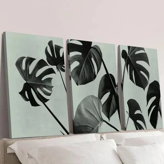 3pcs Black & White Botanical Monstera Leaf Wall Art Canvas Unframed – High Quality Print 100% Australian Made Wall Canvas
