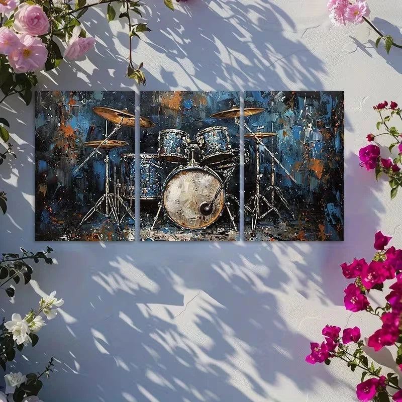 3pcs Passionate Drum Set Oil Painting Metal Print Ready to Hang Art