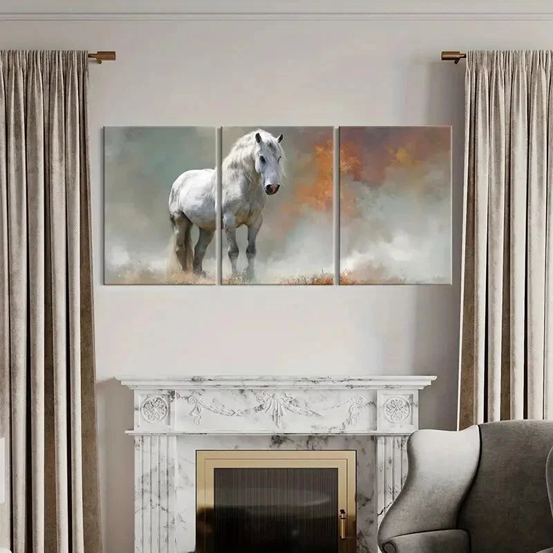 3pcs White Horse Art Abstract Painting Metal Print Ready to Hang Art
