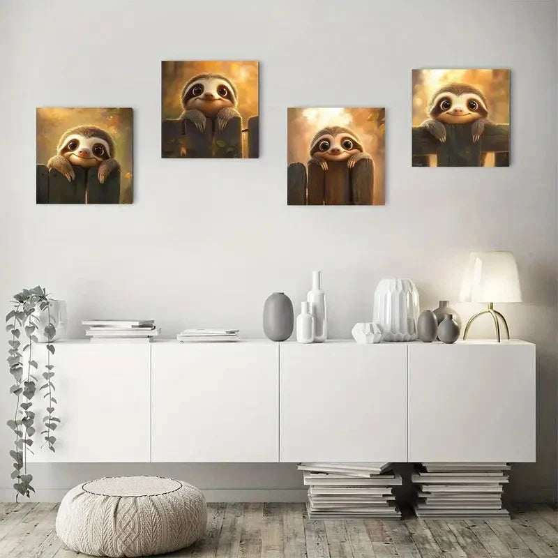 4pcs Sloth on Wooden FenceWall Art Canvas Framed