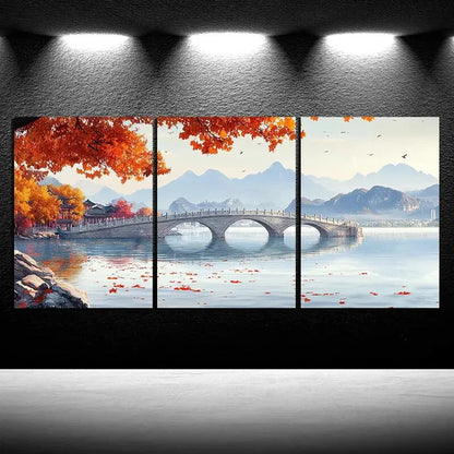 3pcs The Stone Bridge Lake Modern Nature Metal Print Ready to Hang Art - Bella Home Decor