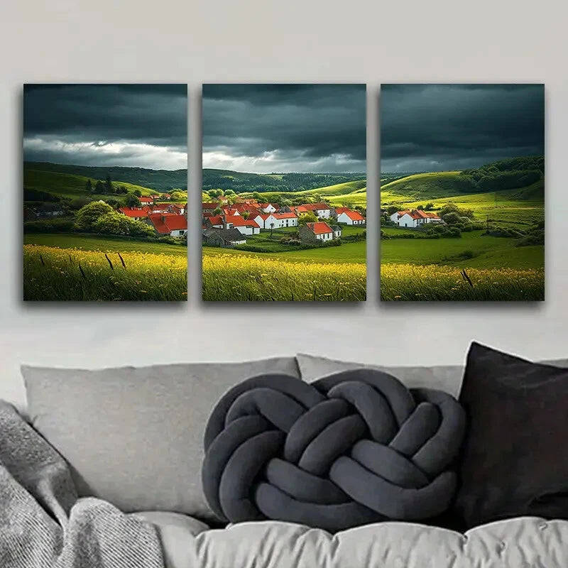 3pcs A little village with red roofs Metal Print Ready to Hang Art - Bella Home Decor