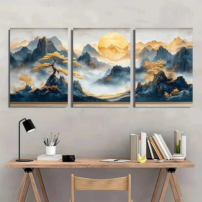 3pcs Golden Bonsai White Color Abstract Metal Print Ready to Hang Art