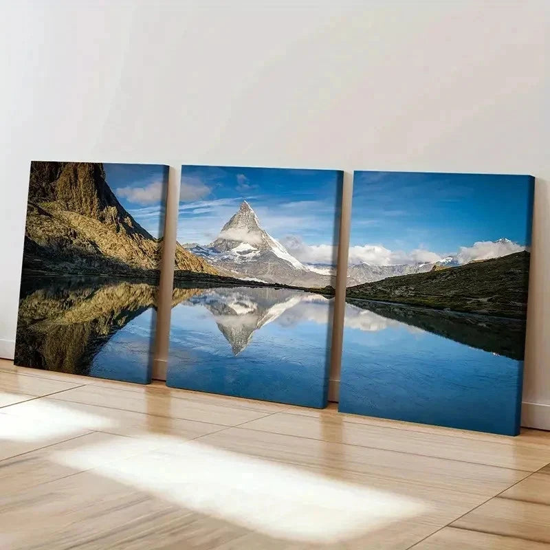 3pcs Lake Snowy Mountains Modern Landscape Wall Art Set Canvas Framed 40x60cm - High Quality Print 100% Australian Made Wall Canvas Ready to Hang