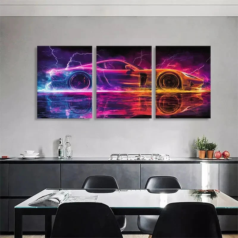 3pcs Neon Speed Racing Car Lightning Perfect Wall Art Set Canvas Framed 40x60cm - High Quality Print 100% Australian Made Wall Canvas Ready to Hang