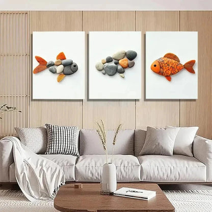 3pcs Pebble Art Fish Unique Stone Perfect Wall Art Set Canvas Framed 40x60cm - High Quality Print 100% Australian Made Wall Canvas Ready to Hang