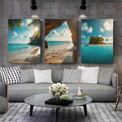 3pcs Palm Trees Blue Ocean Sandy Beach Clear Sky Metal Print Ready to Hang Art