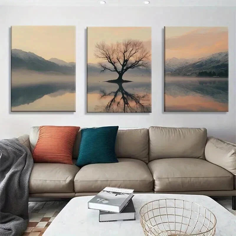 3pcs Reflection of Lone Tree in Misty Mountain Wall Art Set Canvas Framed 40x60cm - High Quality Print 100% Australian Made Wall Canvas Ready to Hang