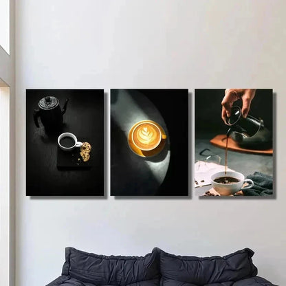 3pcs Black Coffee & Cake Espresso Perfect Wall Art Set Canvas Framed 40x60cm - High Quality Print 100% Australian Made Wall Canvas Ready to Hang