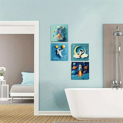 4pcs Modern Space Astronaut & Rockets Wall Art Canvas Framed
