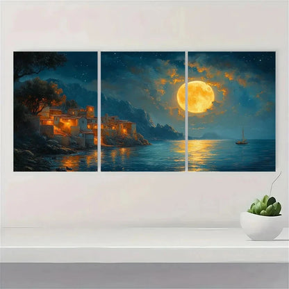 3pcs Midnight Greek Fishing Village Full Moon Metal Print Ready to Hang Art