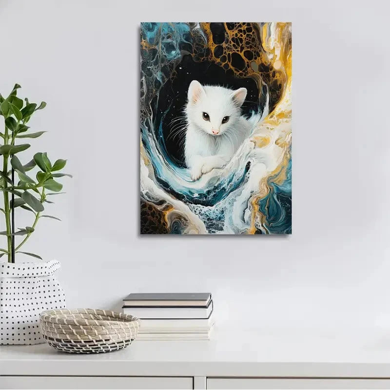 Beautiful Elegant White Kitten Abstract Painting 40x60cm Metal Print Ready to Hang