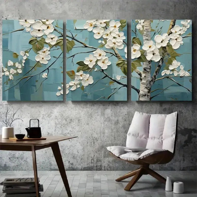 3pcs White Flowers and Branches Blossom Metal Print Ready to Hang Art