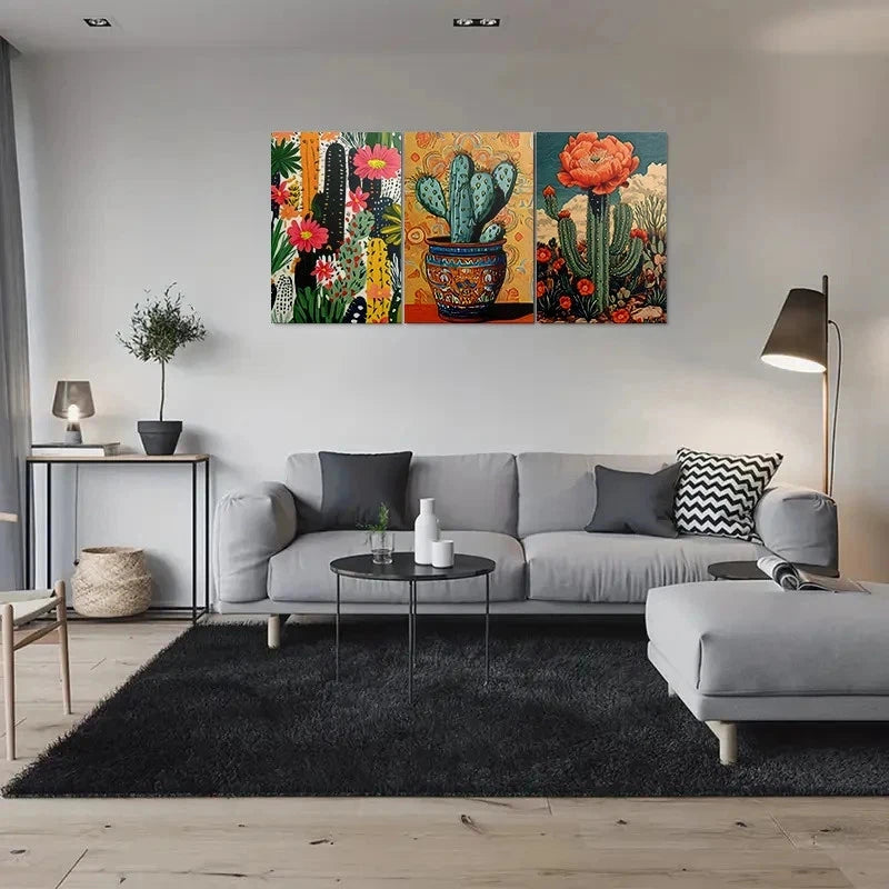 3pcs Colorful Cactus Desert Plant Painting Metal Print Ready to Hang Art