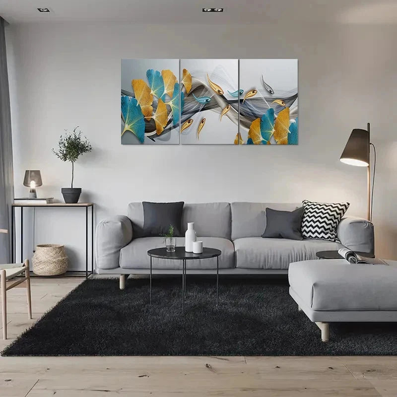 3pcs Modern Abstract Golden Blue Metal Print Ready to Hang Art