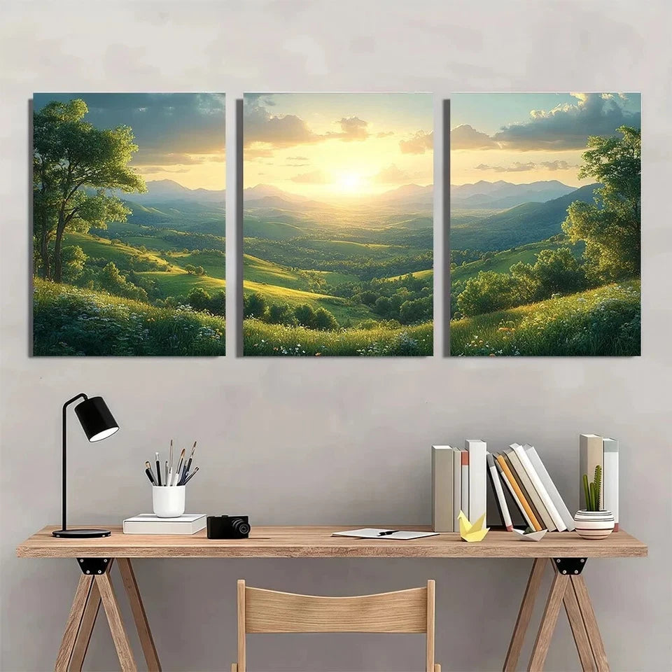 3pcs Rolling Green Hills & Sunrise Metal Print Ready to Hang Art