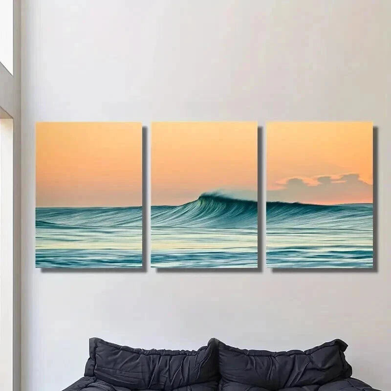 3pcs Ocean Waves and Orange Sky Landscape Wall Art Set Canvas Framed 40x60cm - High Quality Print 100% Australian Made Wall Canvas Ready to Hang