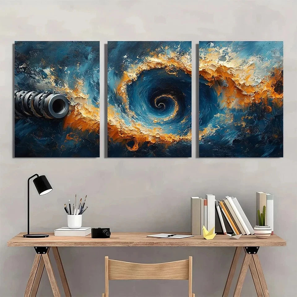 3pcs Painting Swirl Golden Blue Metal Print Ready to Hang Art