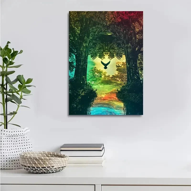 Lush Green Meadow with Rainbow Reflections 40x60cm Metal Print Ready to Hang