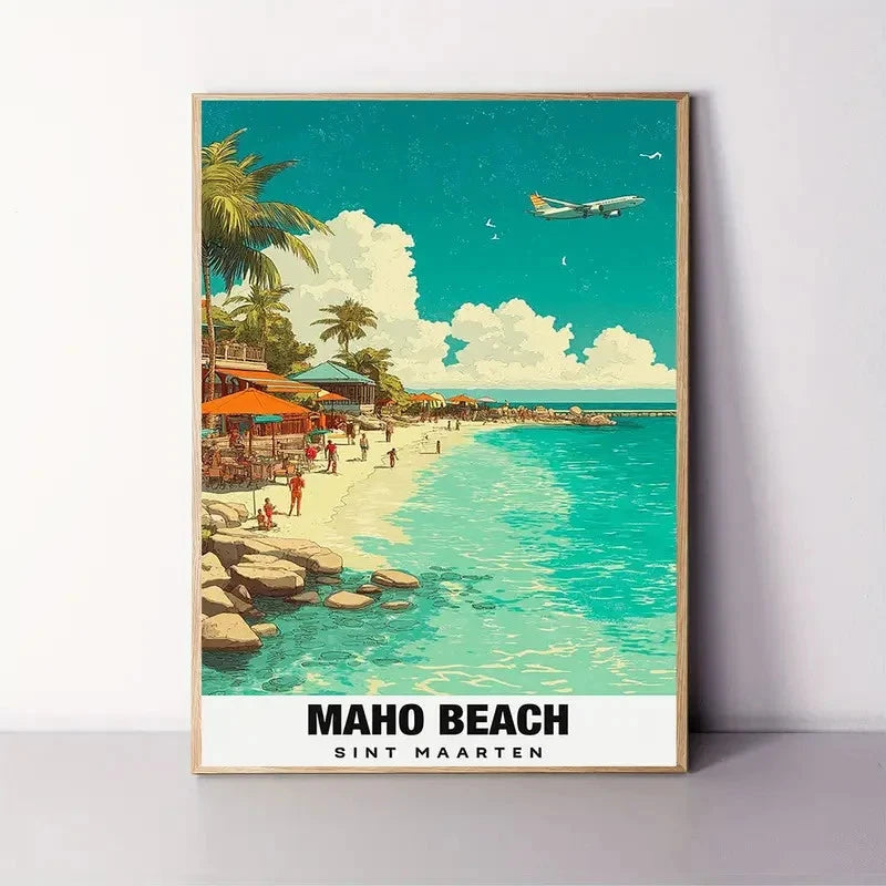 Maho Beach Sint Maarten Turquoise Caribbean Travel Poster Print Wall Art