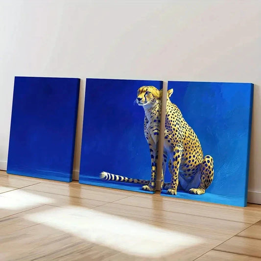 3pcs Leopard Blue Background Animal Theme Wall Art Set Canvas Framed 60x90cm - High Quality Print 100% Australian Made Wall Canvas Ready to Hang