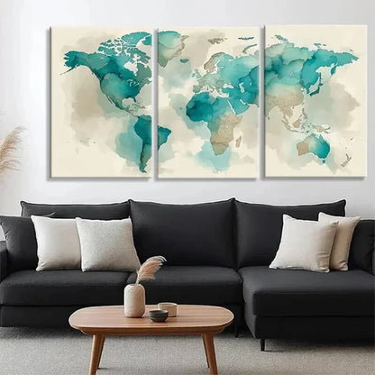 3pcs Abstract Global Map Beige Tones Perfect Wall Art Set Canvas Unframed - High Quality Print 100% Australian Made Wall Canvas