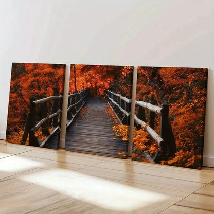 3pcs Vibrant Maple Leaf Bridge Scenery Wall Art Set Canvas Framed 40x60cm - High Quality Print 100% Australian Made Wall Canvas Ready to Hang