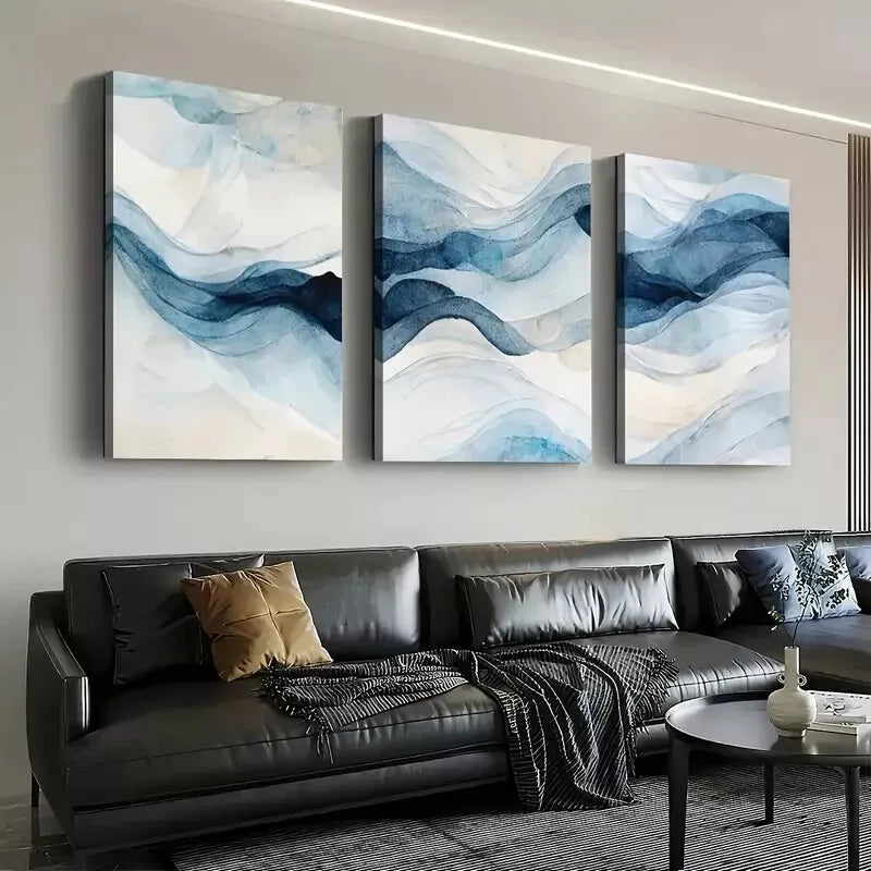 3pcs Light Luxury Style Abstract Geometric Blue  Wall Art Set Canvas Framed 50x70cm - High Quality Print 100% Australian Made Wall Canvas Ready to Hang - Bella Home Decor