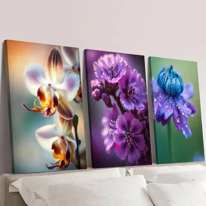 3pcs Purple & Blue Orchid Flowers Wall Art Canvas Unframed - High Quality Print 100% Australian Made Wall Canvas