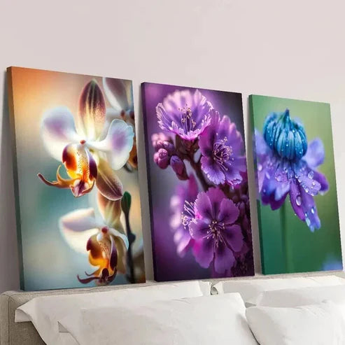 3pcs Purple & Blue Orchid Flowers Wall Art Canvas Unframed - High Quality Print 100% Australian Made Wall Canvas