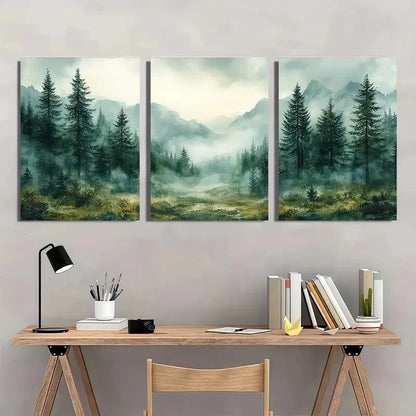 3pcs  Misty Forest Scene with Evergreen Trees Metal Print Ready to Hang Art